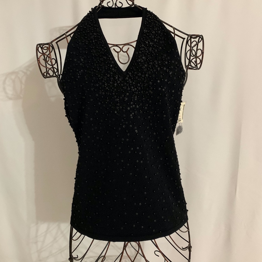 Black Knit Jet and Sequin Halter Tank Top